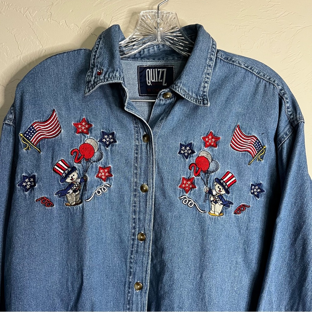 Vintage Quizz Patritoic 4th of July American Embroidered Denim Button Down Shirt - Picture 3 of 10